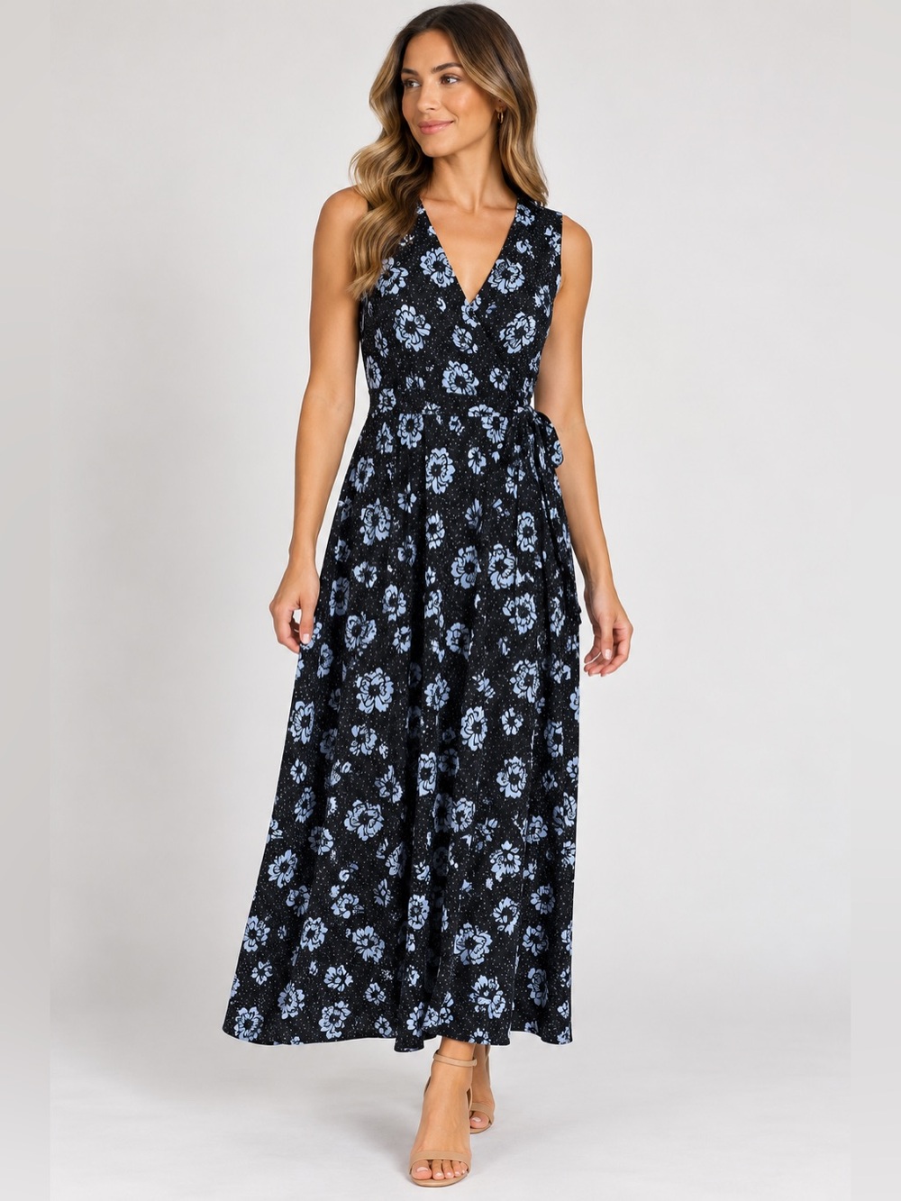 Leota Black Blue Floral Tie Belated Faux Wrap Flowy Maxi Dress Size Large